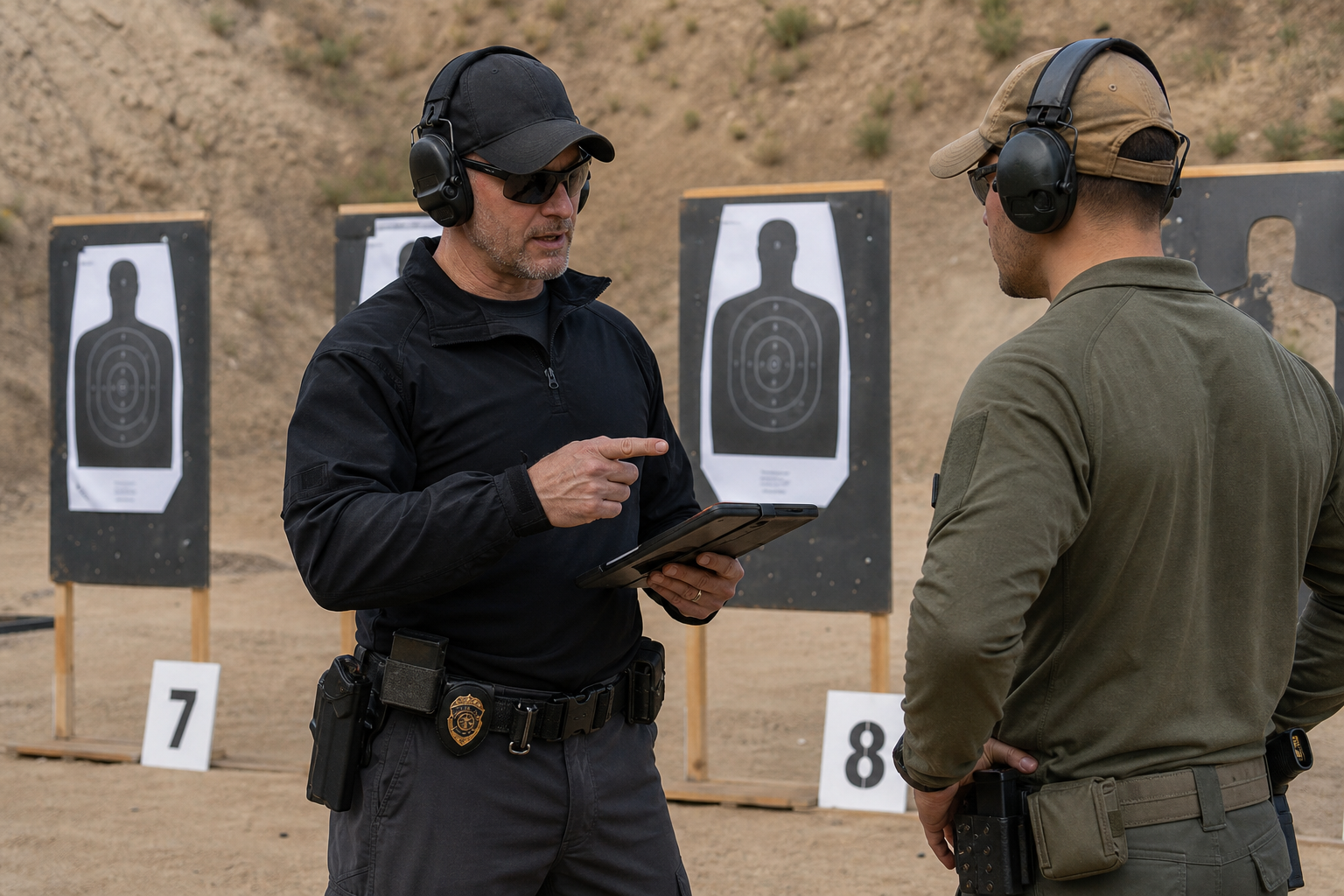 Professional training environment with instructor and shooter reviewing drill performance on an outdoor tactical range