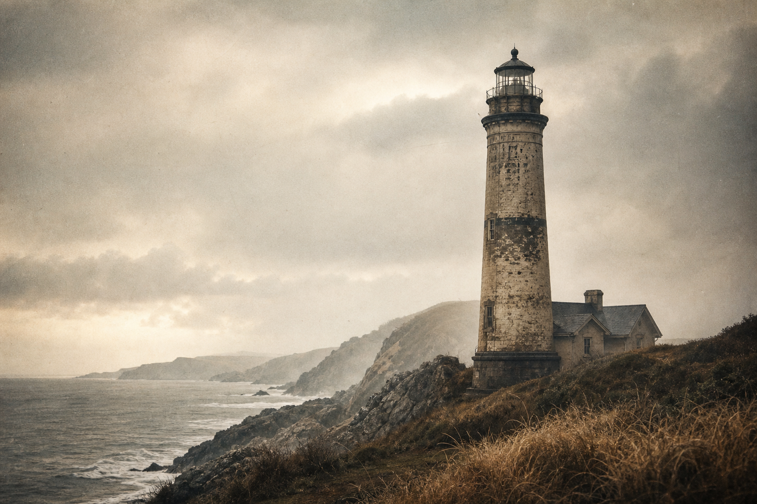 Archival-style lighthouse on a rugged northern coastline in sea haze with weathered stone and warm film tones
