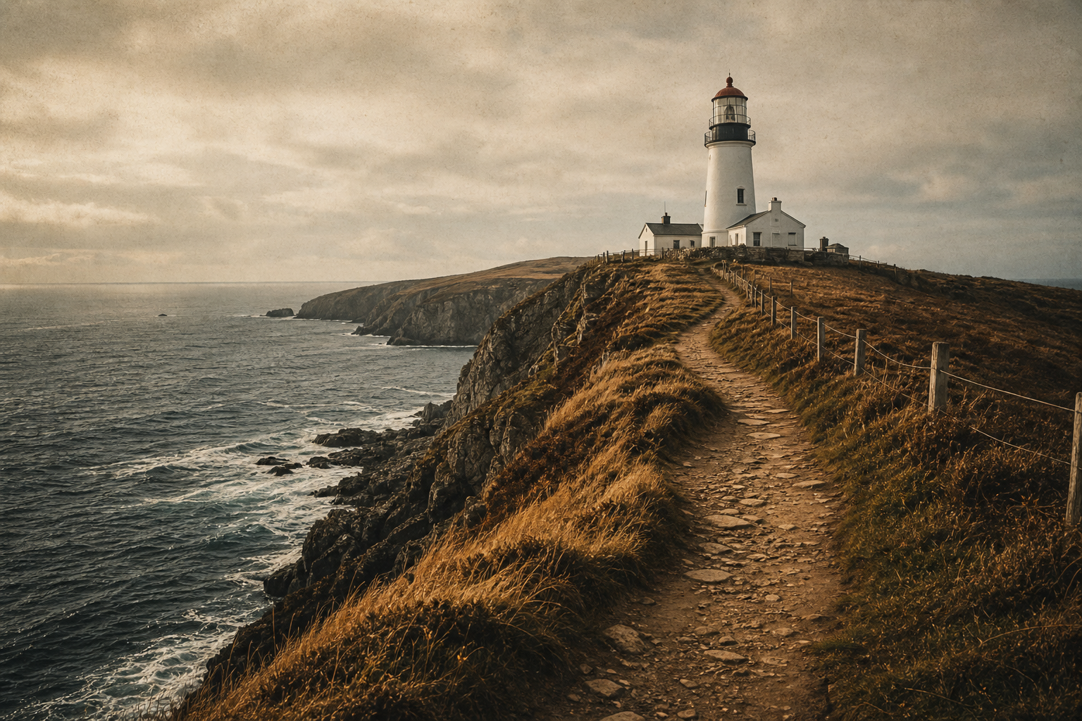 Narrow cliff path leading to a lighthouse above rough sea