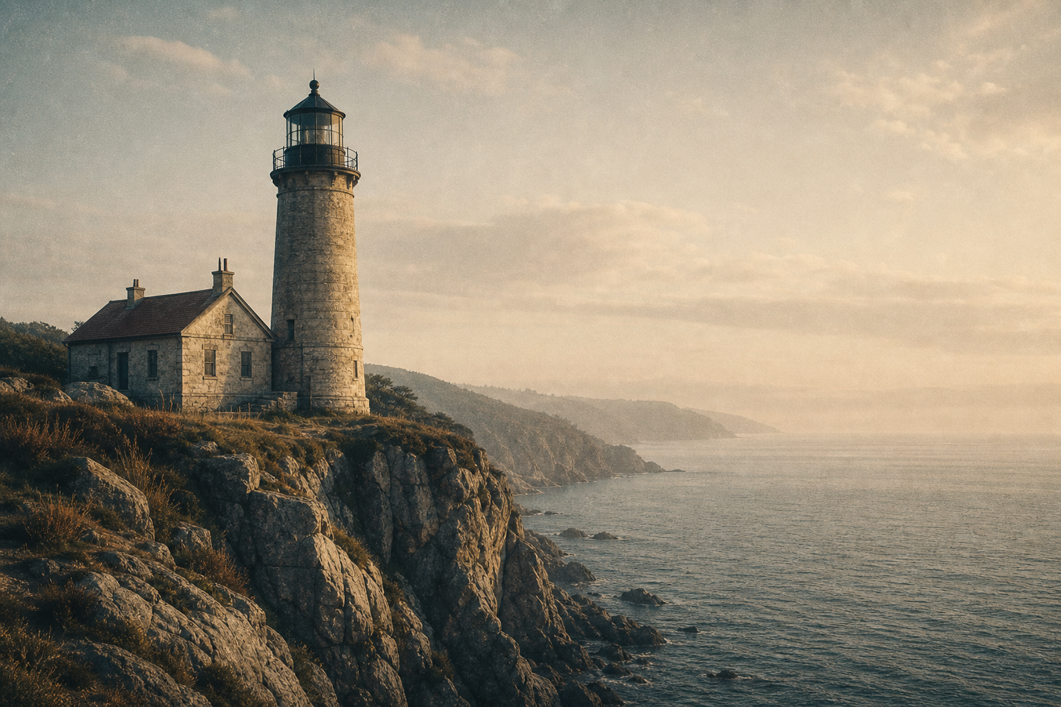 Historic stone lighthouse on a rugged northern shoreline at late day, sea haze drifting across low-saturation sky and water, warm film-photography mood with subtle grain