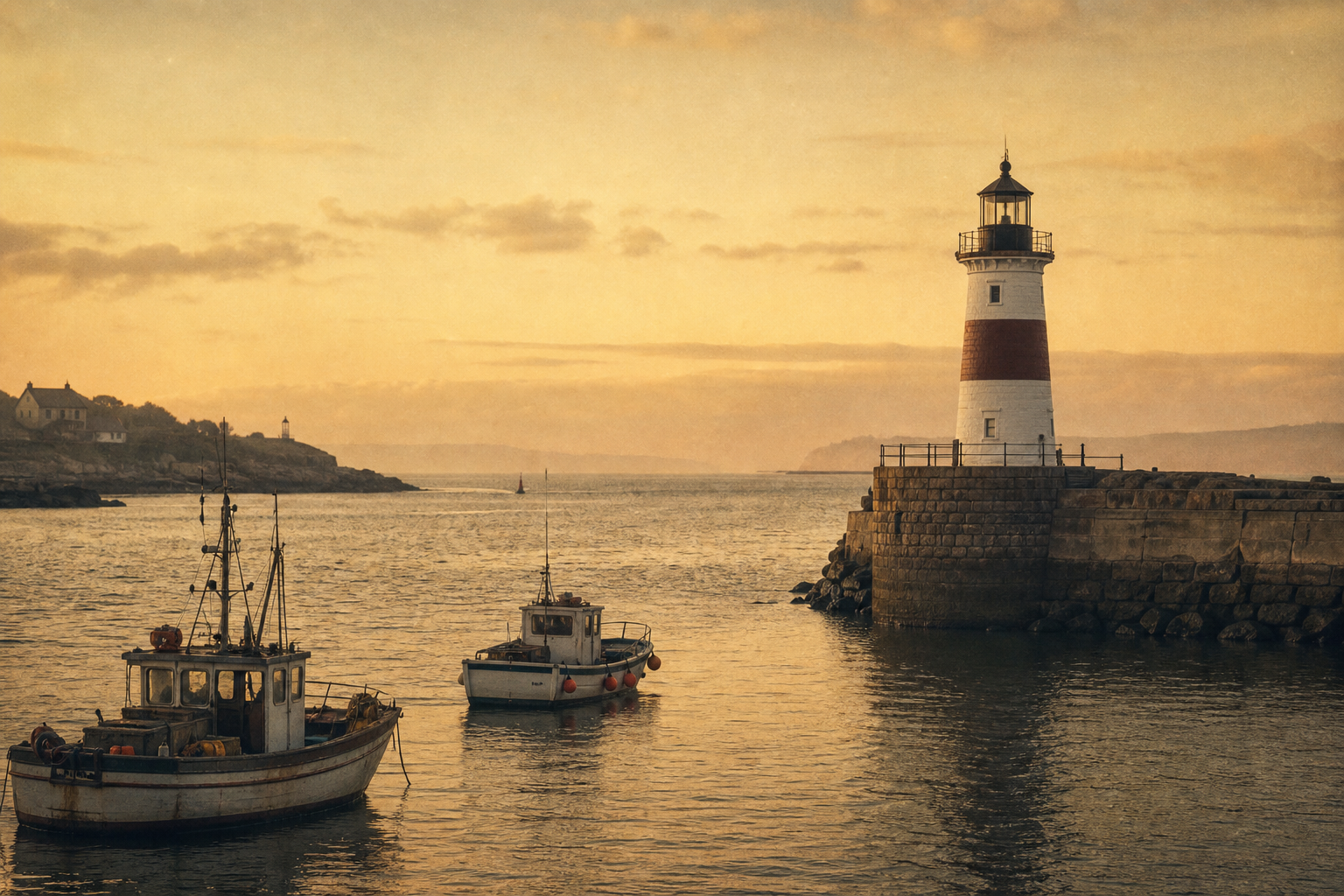Harbor entrance view with lighthouse and small fishing vessels at dusk