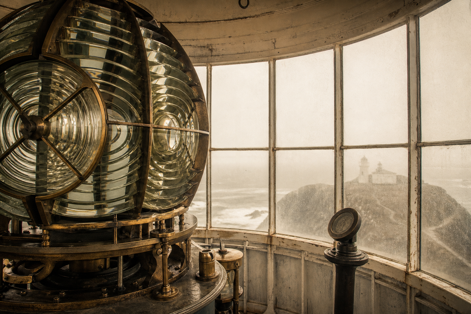 Archival-style view of a lighthouse lantern room with brass mechanisms and fogged coastal windows