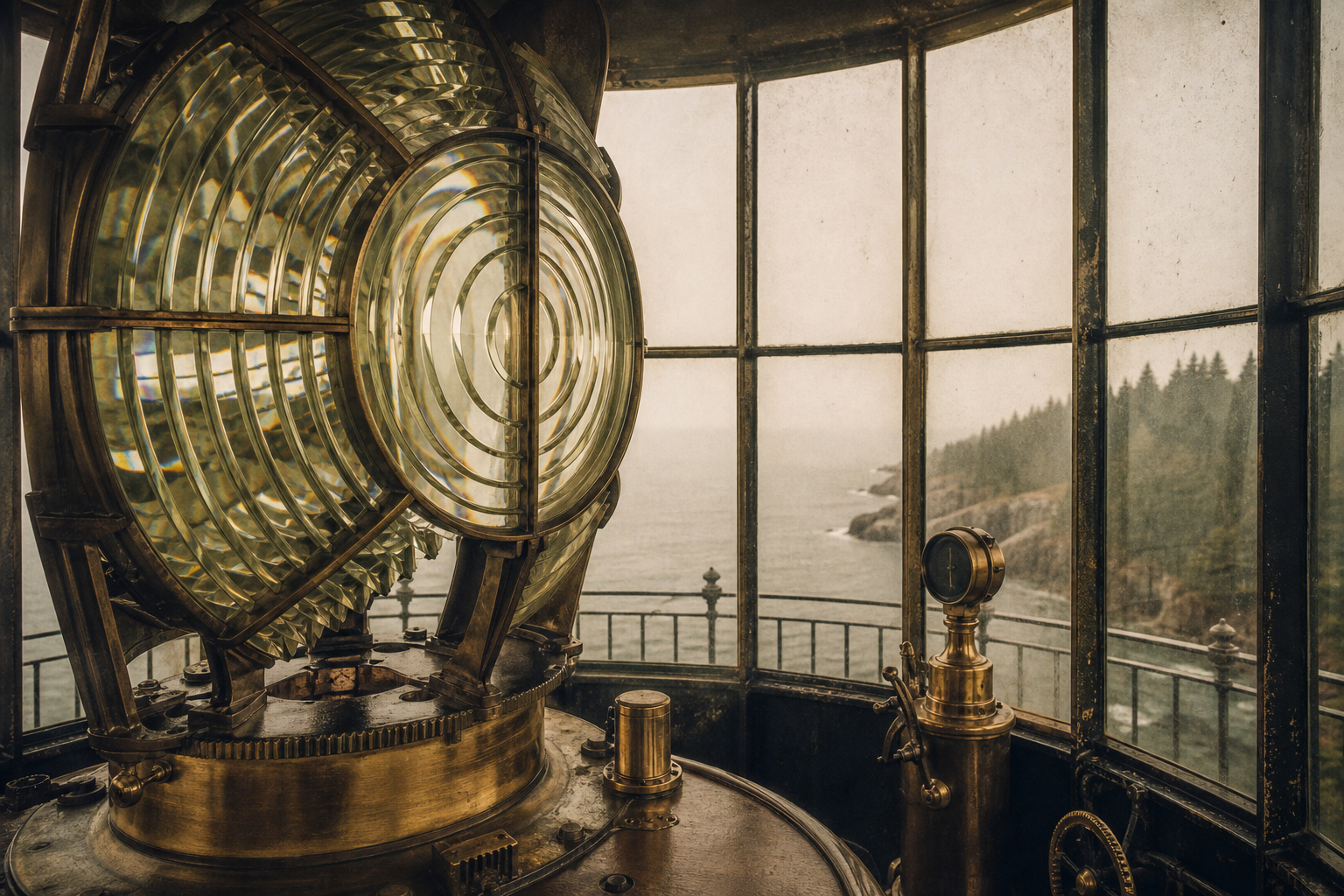 Lantern room interior with polished Fresnel lens and brass fittings