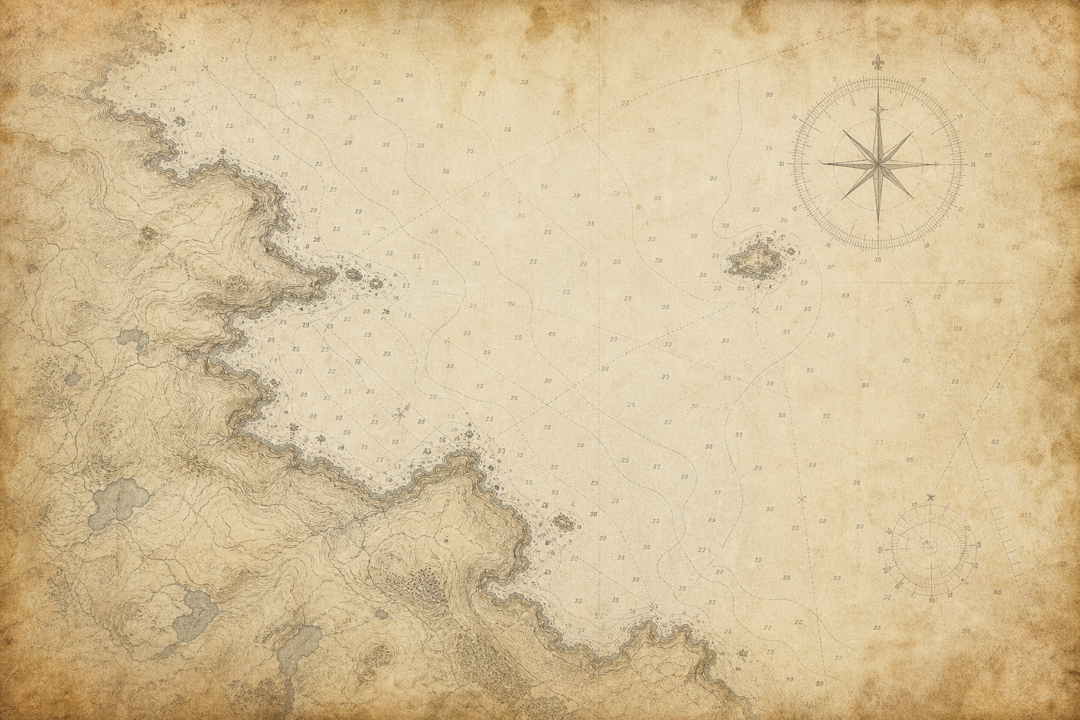 Faded archival nautical chart texture with gentle paper grain and tide-stain marks