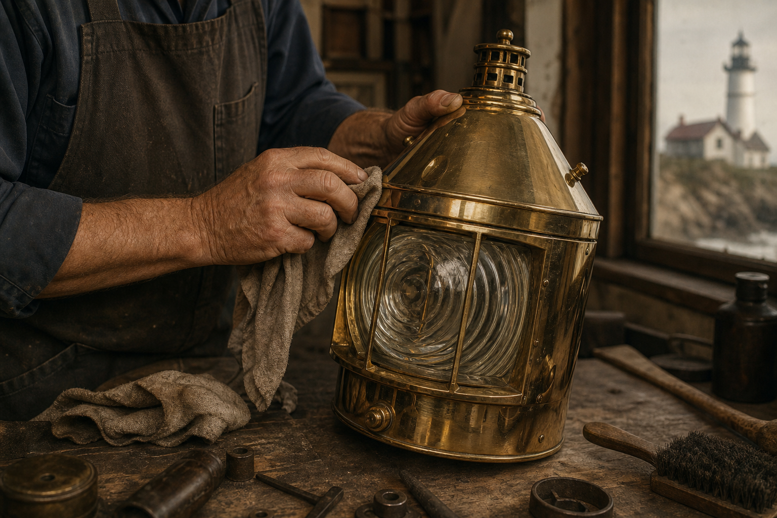 Craftsperson restoring brass lamp housing with tools and cotton cloth