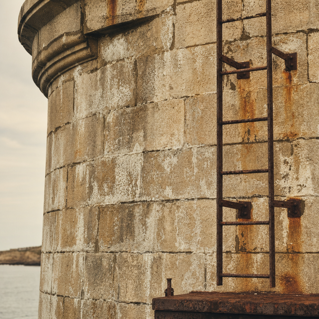 Close view of salt-weathered lighthouse masonry and iron ladder