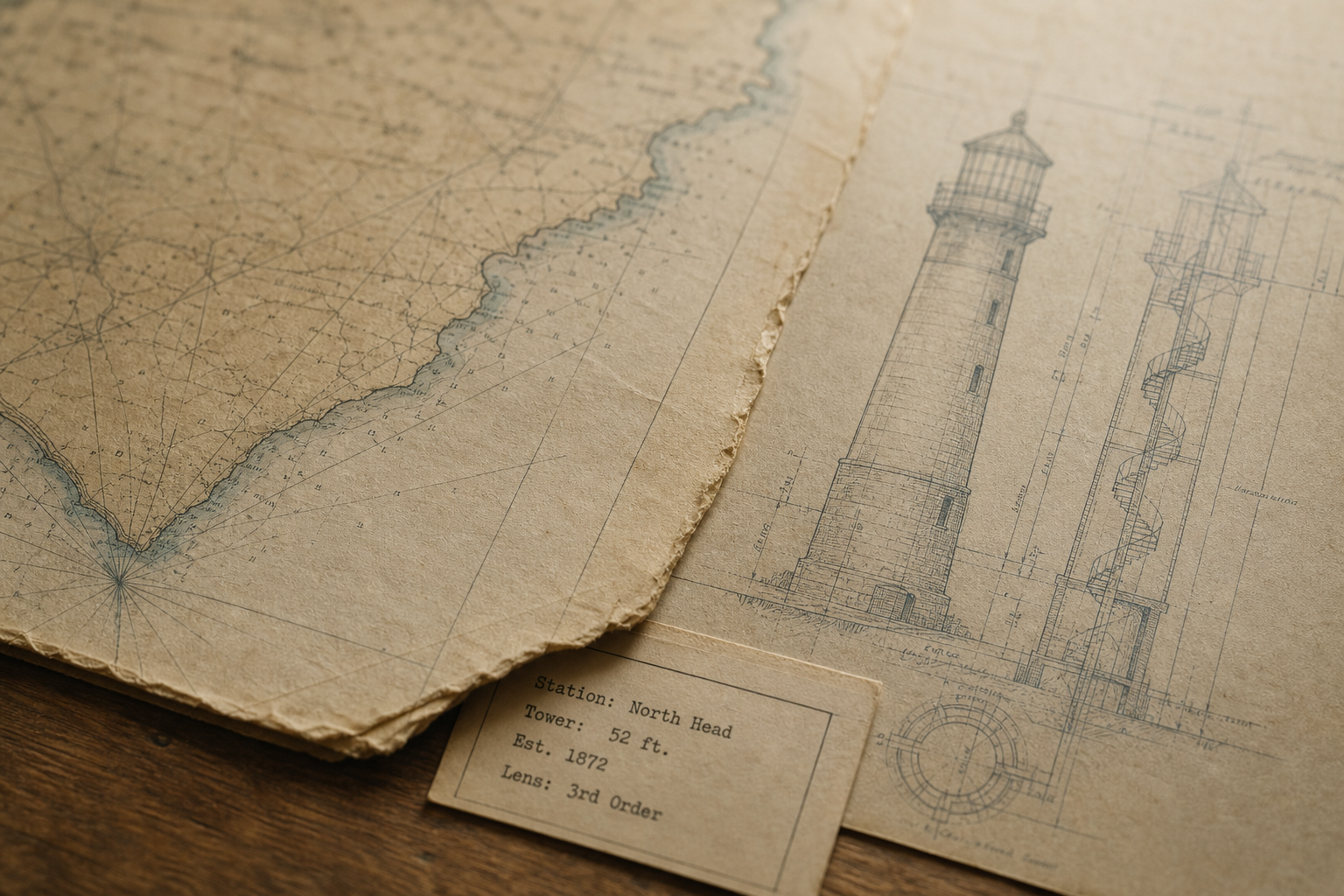 Close-up of a weathered paper map edge with an archival label and faint lighthouse blueprint lines