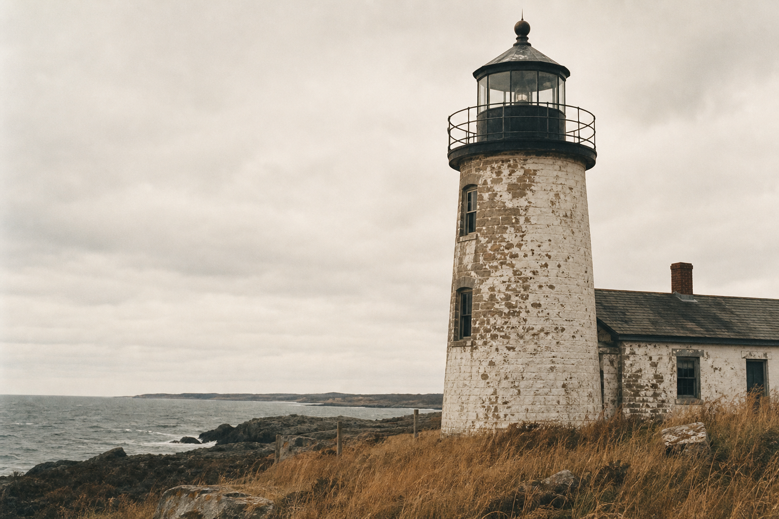 Weathered lighthouse exterior at the edge of a rocky northern coast