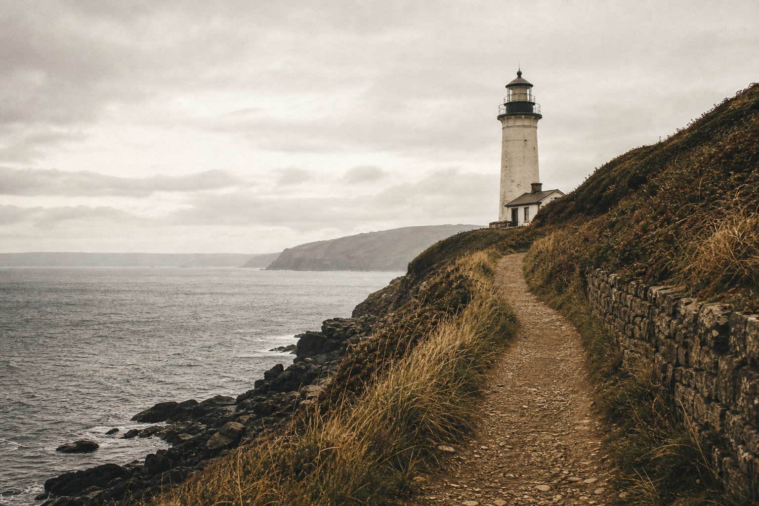 Narrow cliffside path approaching a lighthouse tower above the sea