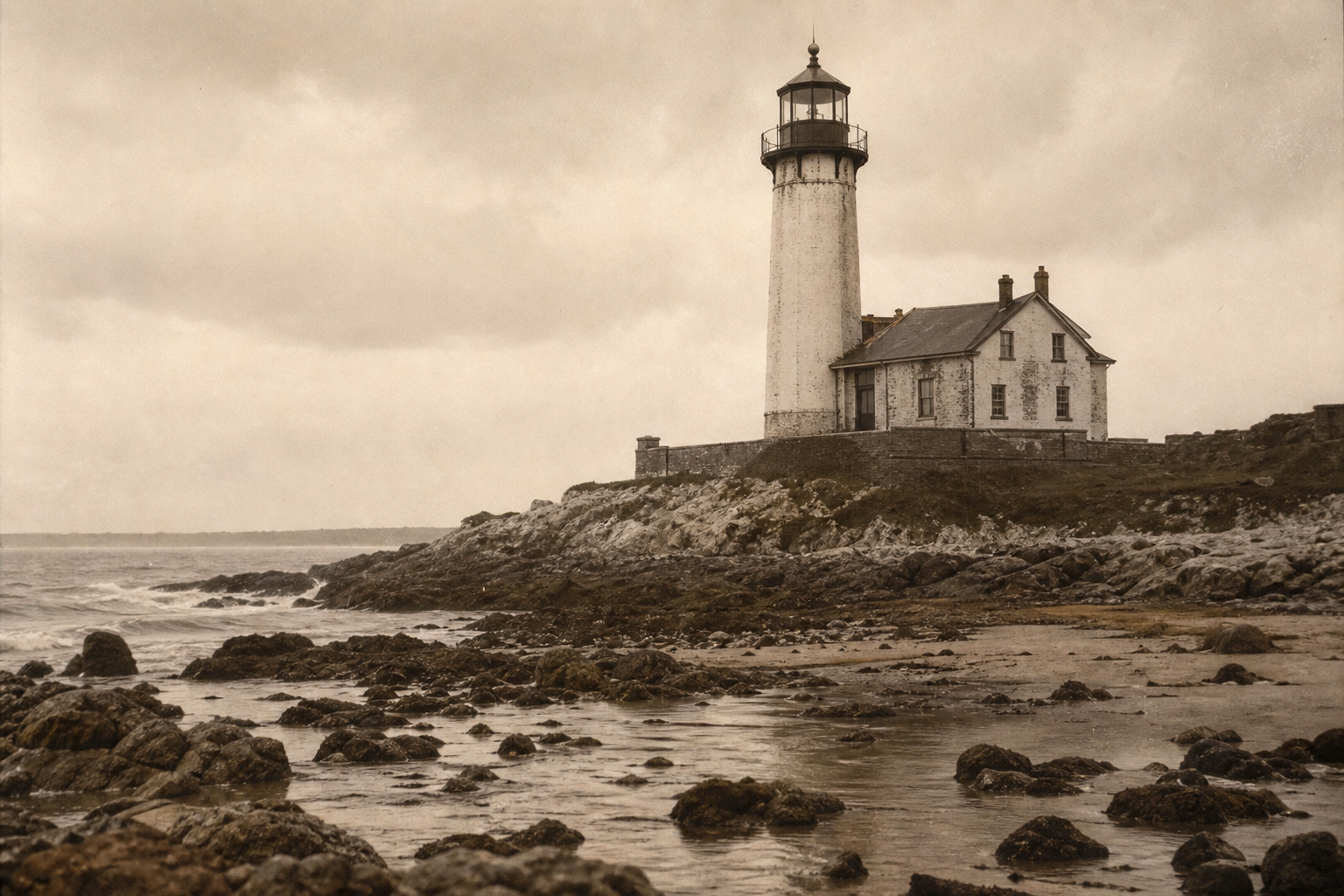 Early coastal lighthouse photographed from shore with tidal rocks in the foreground under soft overcast light