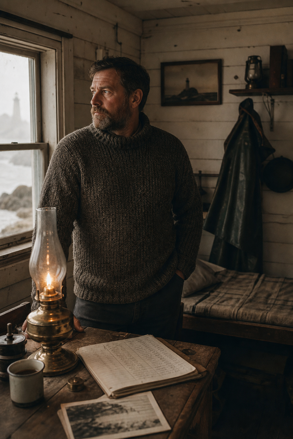 Documentary portrait of an early 20th-century lighthouse keeper standing inside weathered quarters with lantern light and worn wooden walls