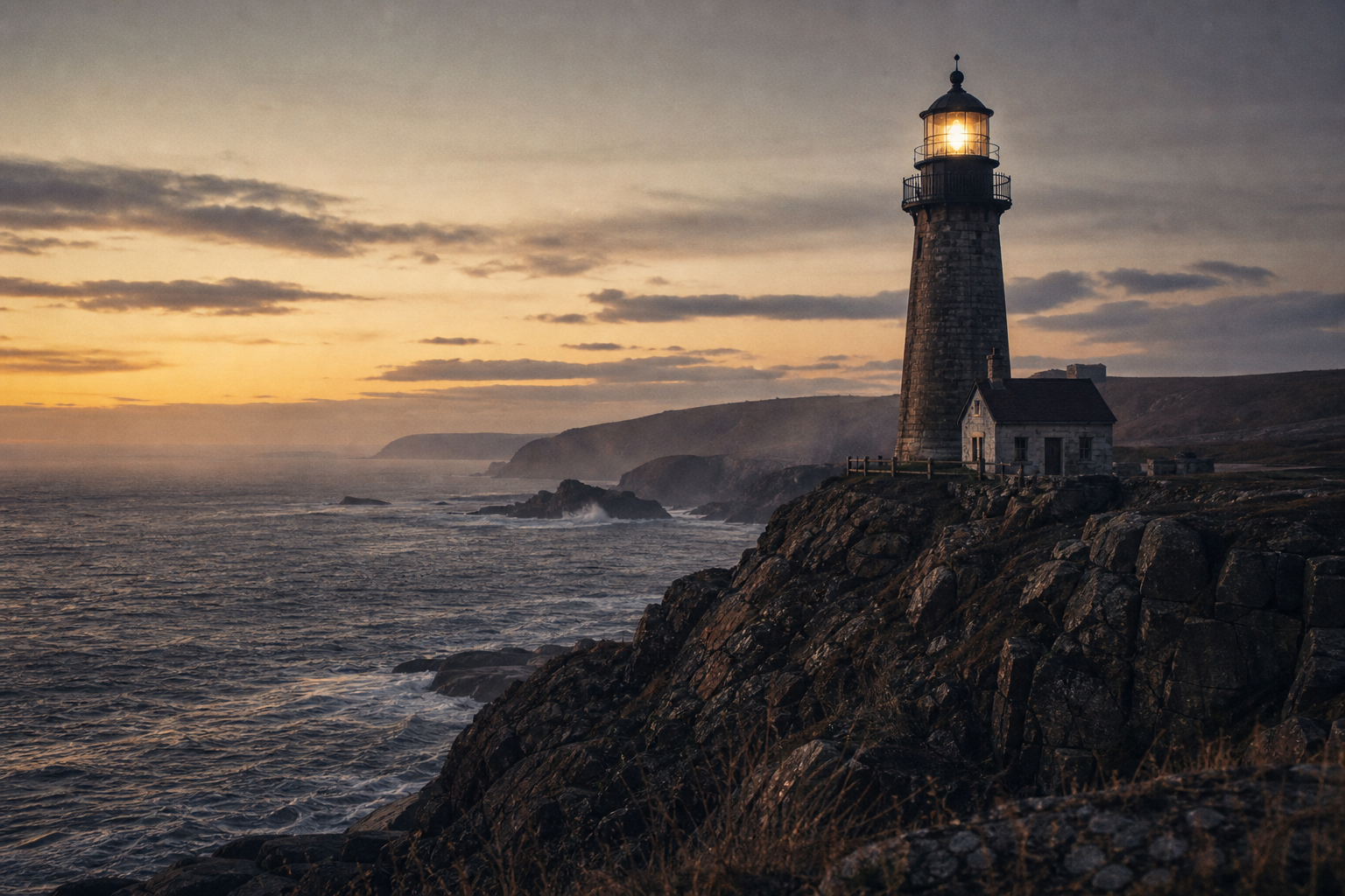 Historic stone lighthouse on a rugged northern coastline at dusk, with dark sea cliffs, low mist, and a warm beacon glow under a fading blue-gold sky