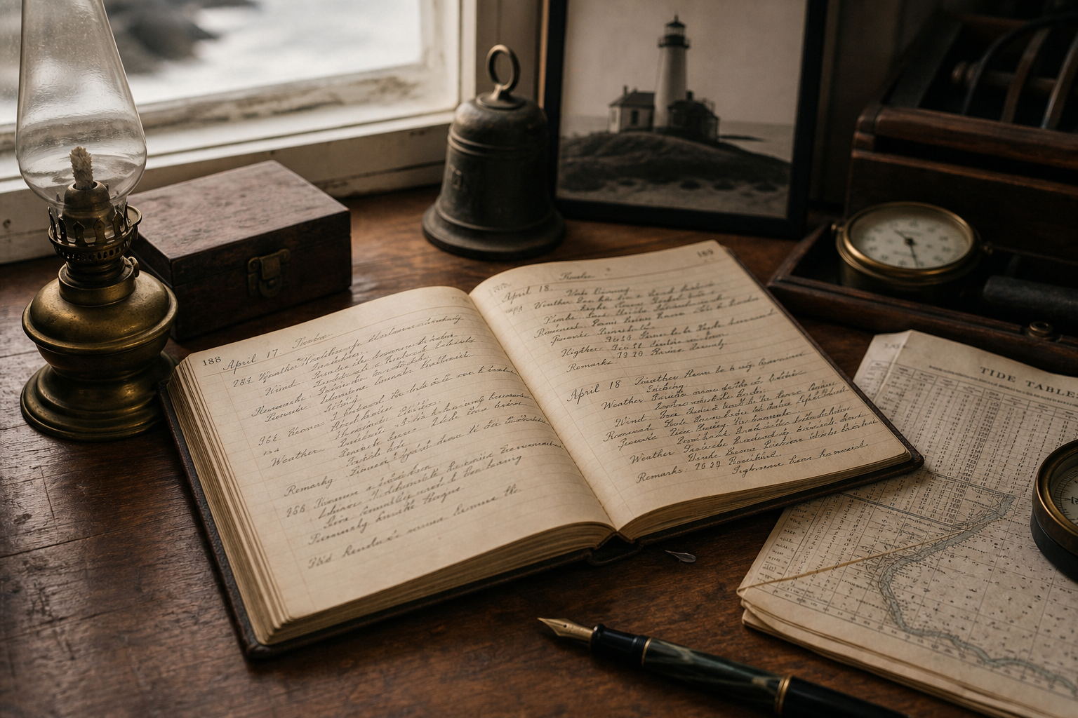 Close view of a lighthouse keeper's wooden desk with open logbook, brass oil lamp, and handwritten tide notes
