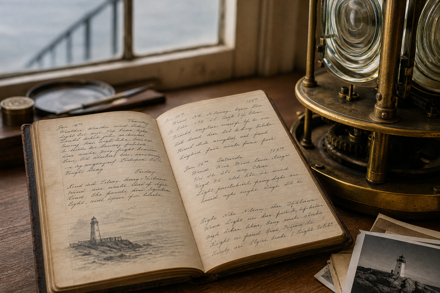Open lighthouse keeper diary beside brass interior lantern detail