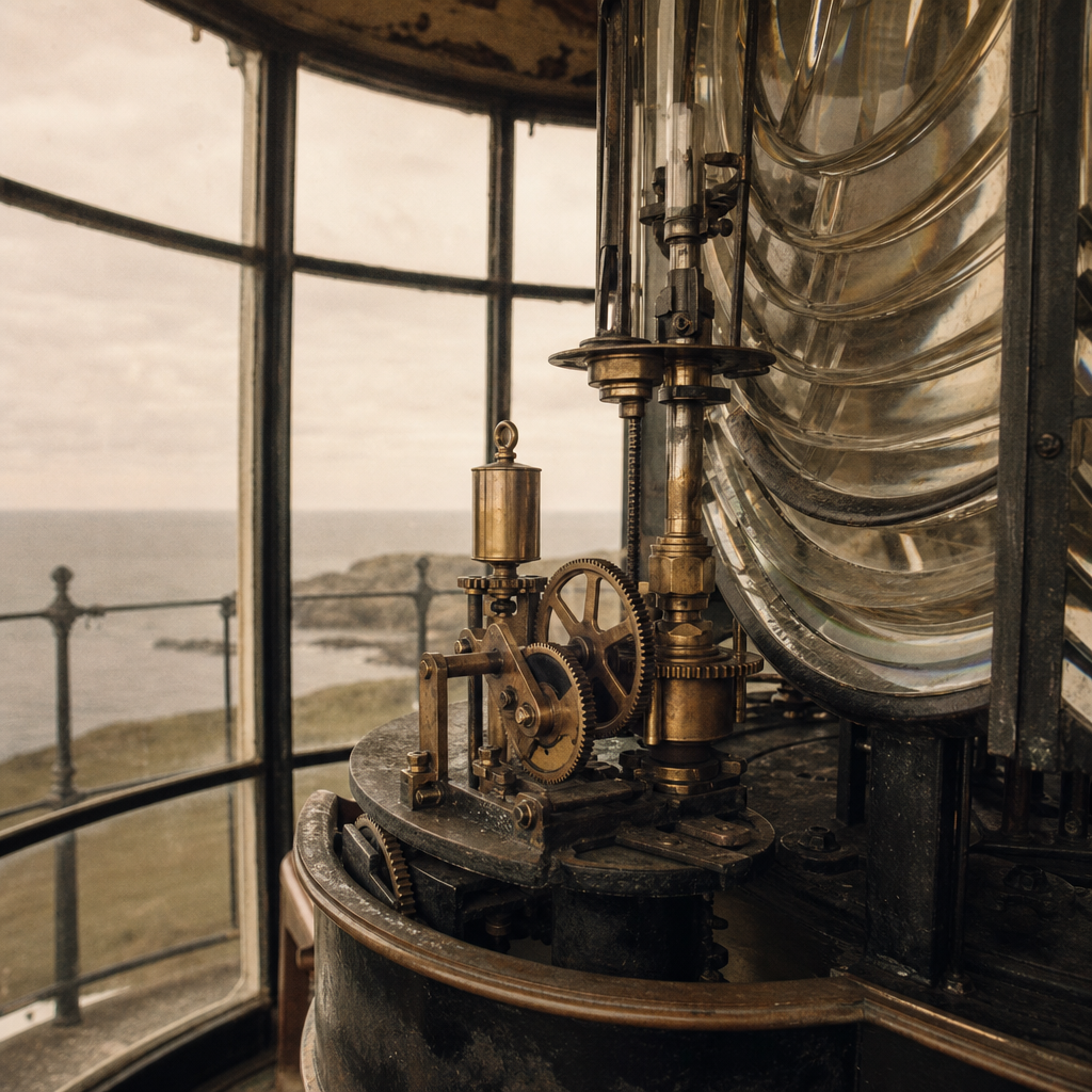 Interior lantern mechanism with brass gears and glass housing