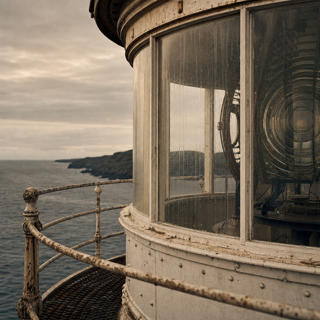 Lantern room and keeper walkway detail showing weathered iron railings, rivets, and sea-worn glass