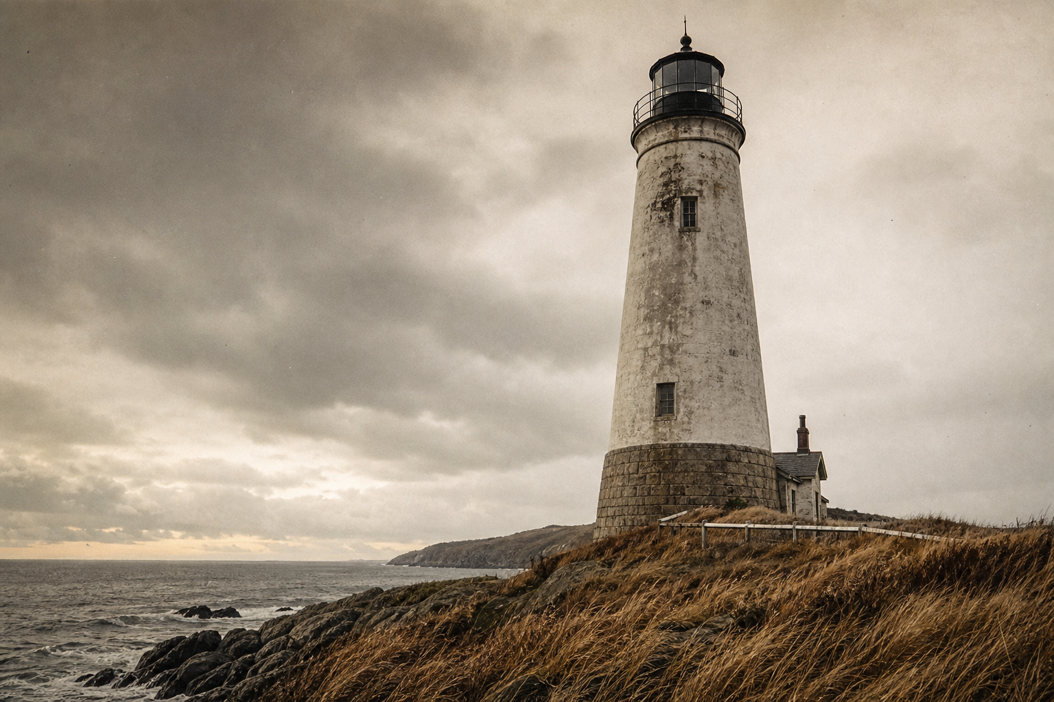 Tall coastal lighthouse exterior rising above a rocky shoreline under overcast sky