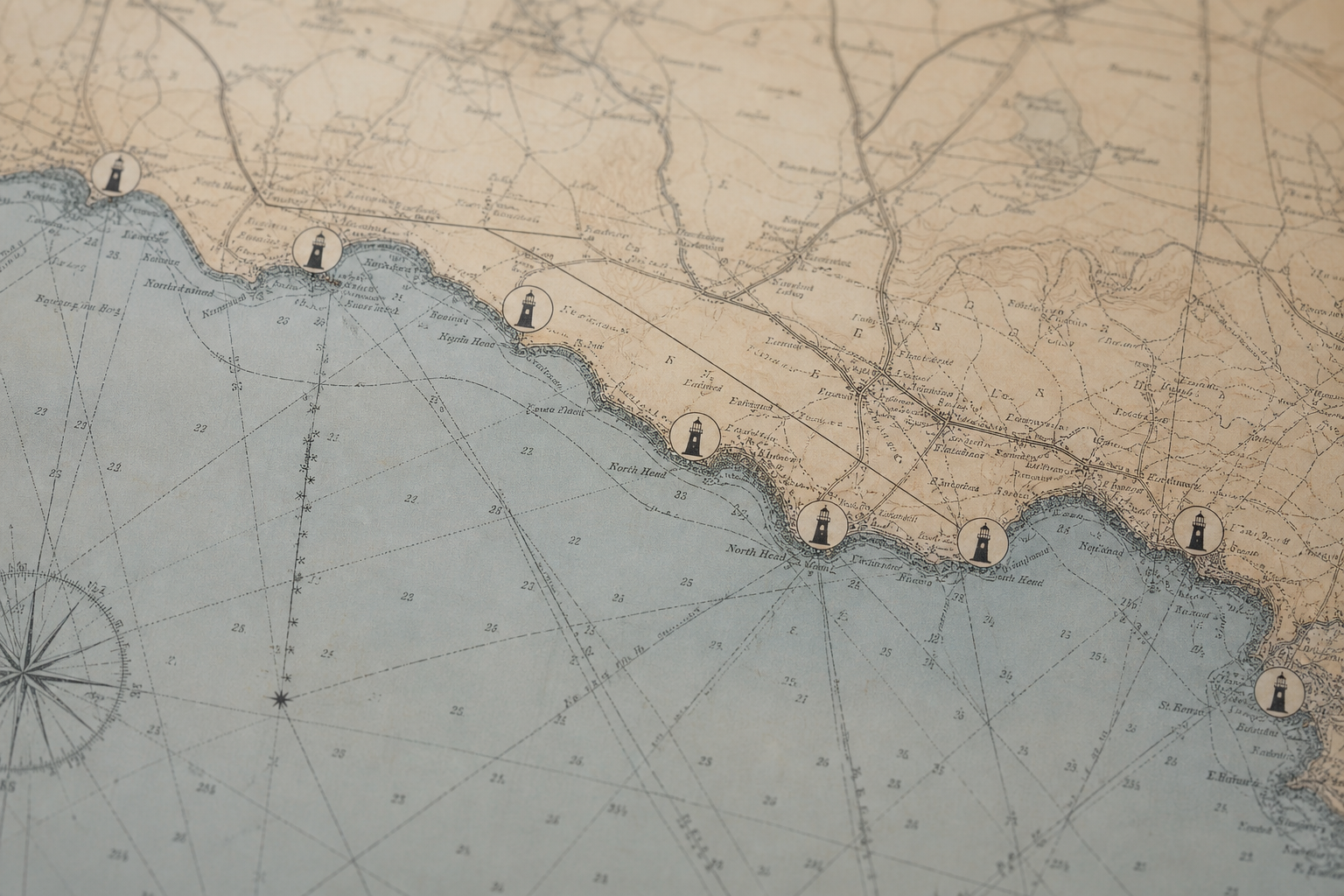 Detailed northern coastline map with marked preserved lighthouse locations