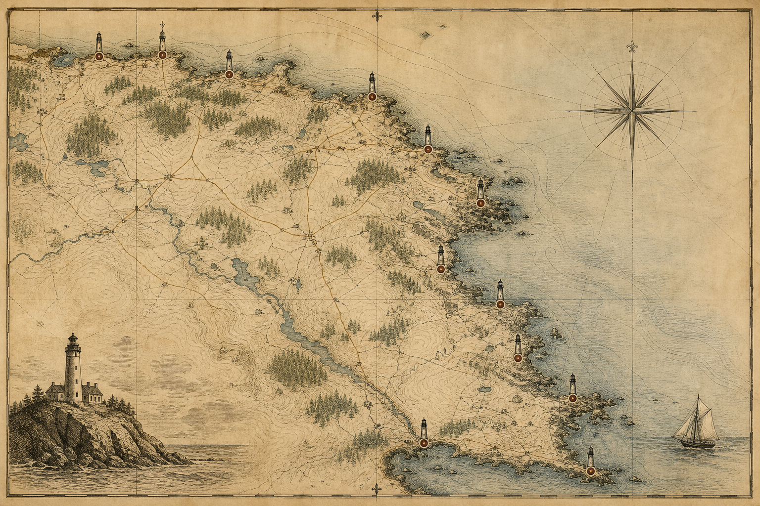 Vintage-inspired northern coast map with marked lighthouse points used as a preserved towers reference