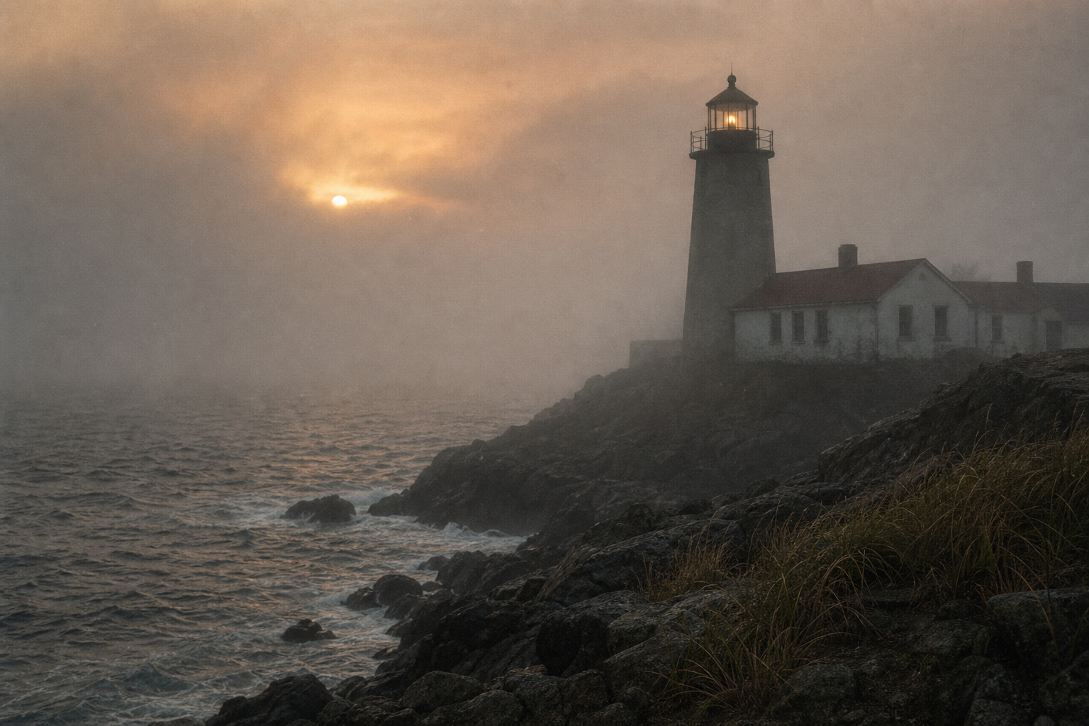 Shoreline lighthouse tower in low light and sea fog