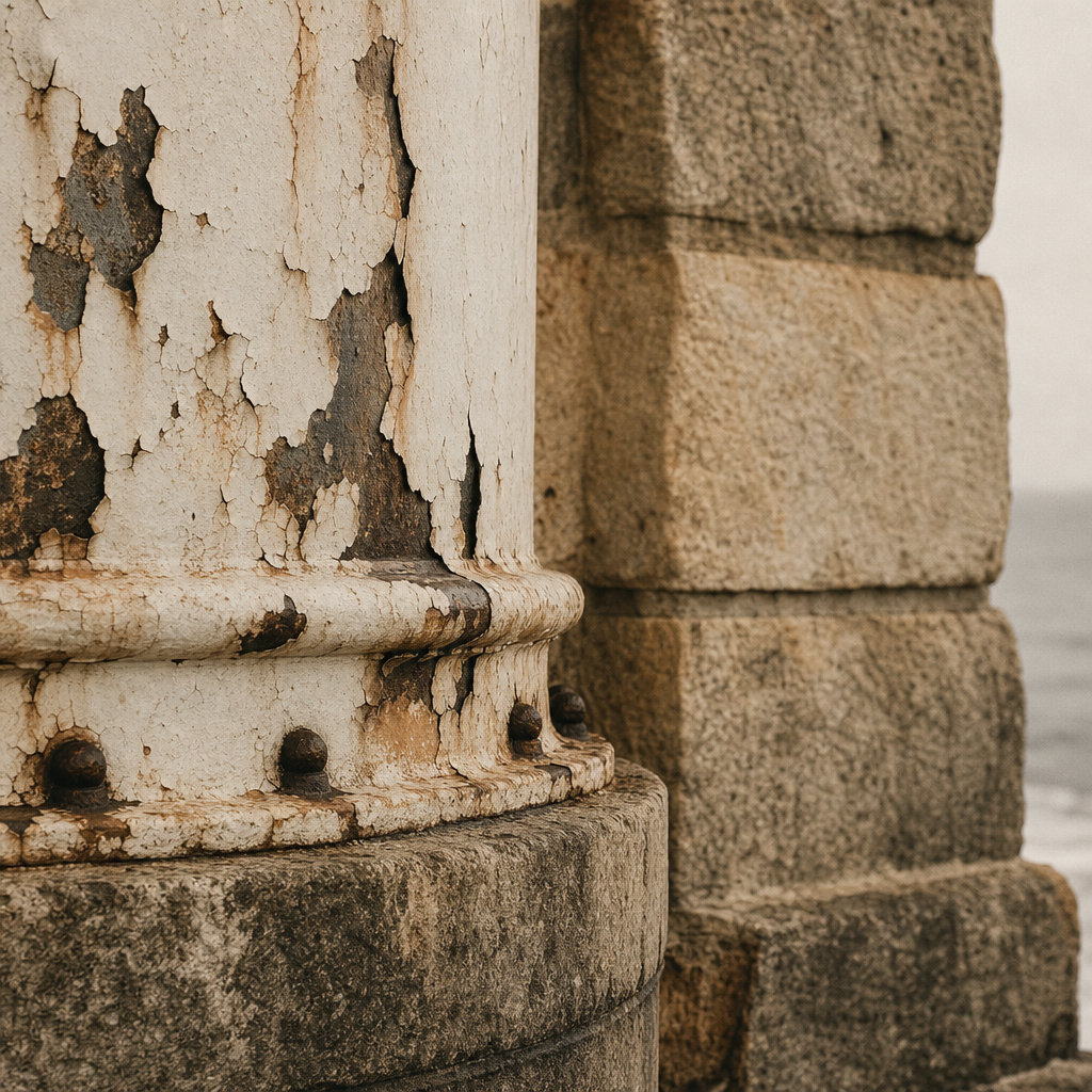 Weathered painted iron and stone detail on lighthouse exterior