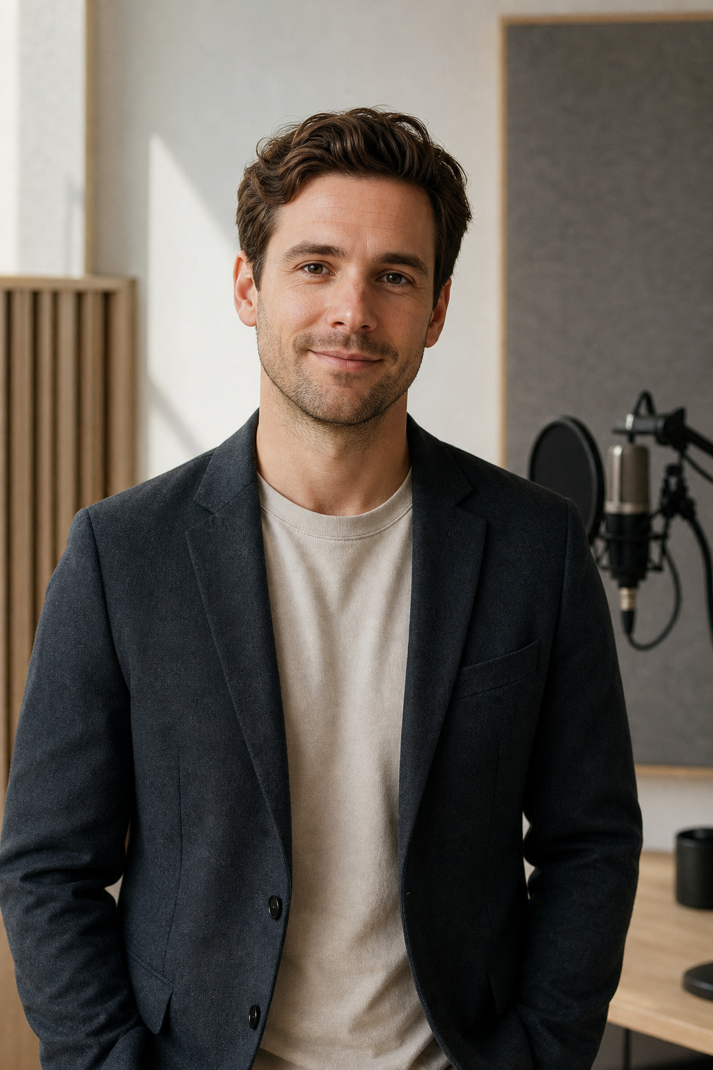 Portrait of Lee, a friendly and professional commercial voice over actor in a clean studio-inspired setting