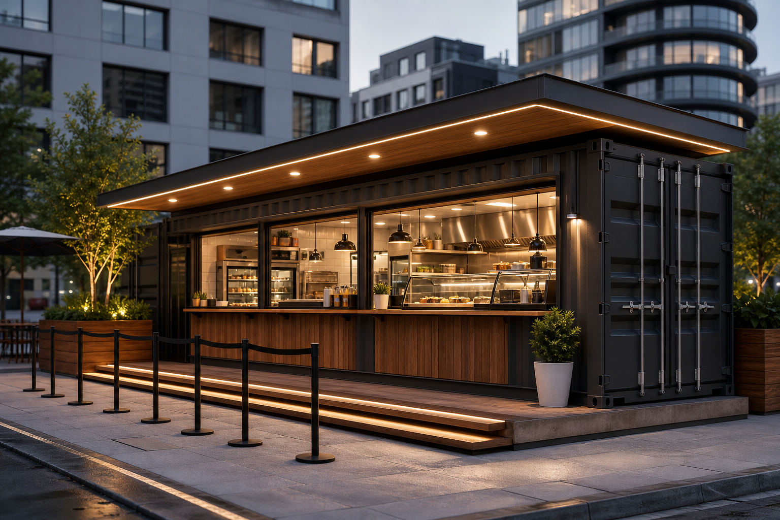 3D concept of a converted shipping container restaurant with large service windows, bold canopy, and outdoor queue zone
