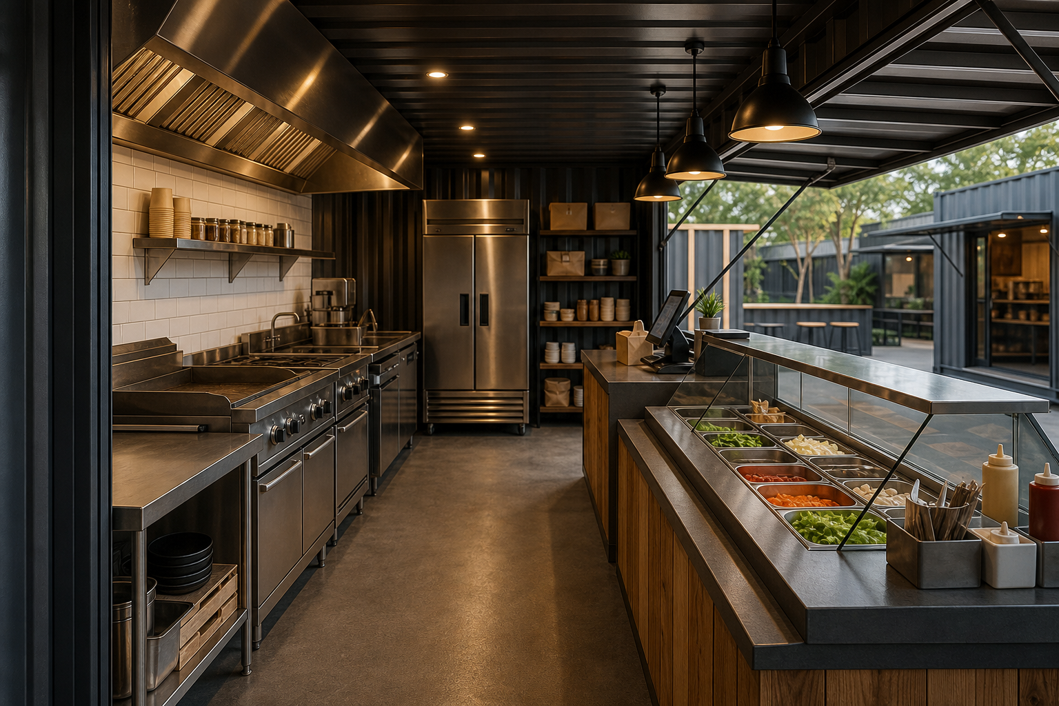 Compact interior layout of a container restaurant showing a linear kitchen line and serving counter