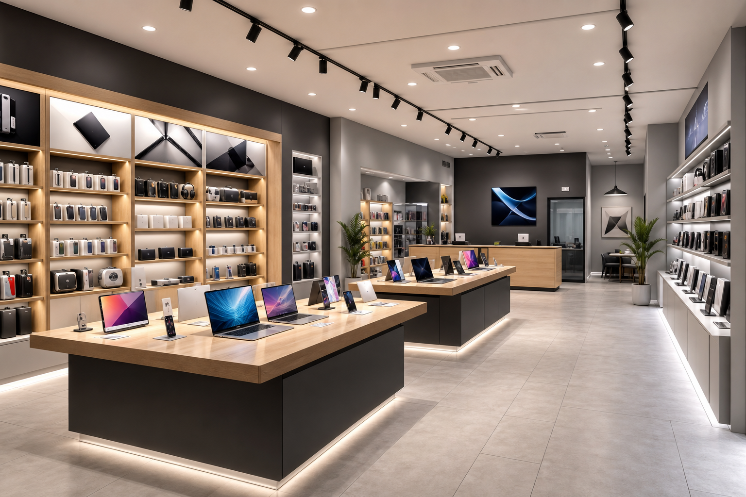 Wide-angle 3D concept of a modern electronics shop with clean display walls, central demo tables, and illuminated shelving