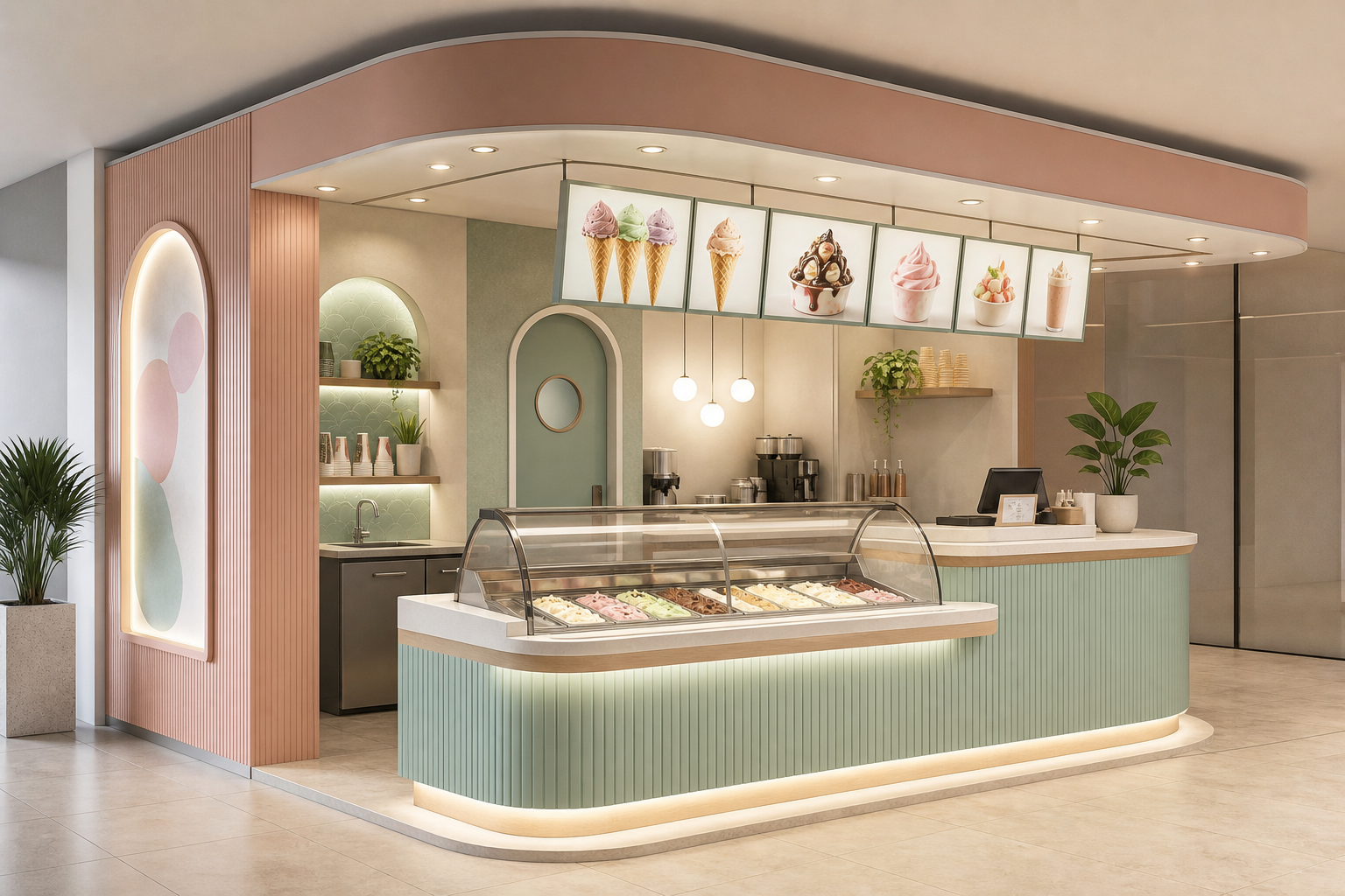 3D concept of an ice cream kiosk with a curved service counter, pastel-toned finishes, and overhead menu signage