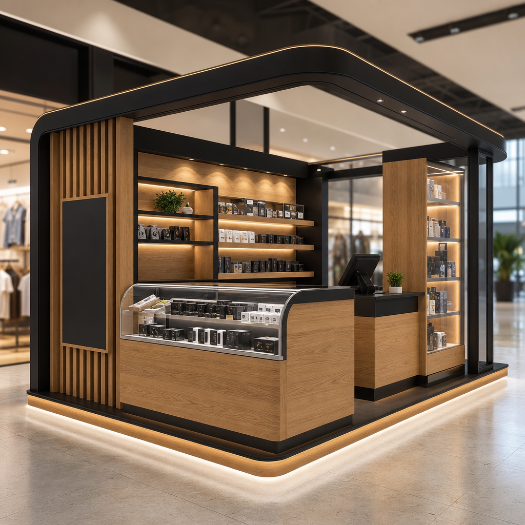 3D rendering of a modern retail kiosk with warm wood panels, matte black trim, and integrated lighting