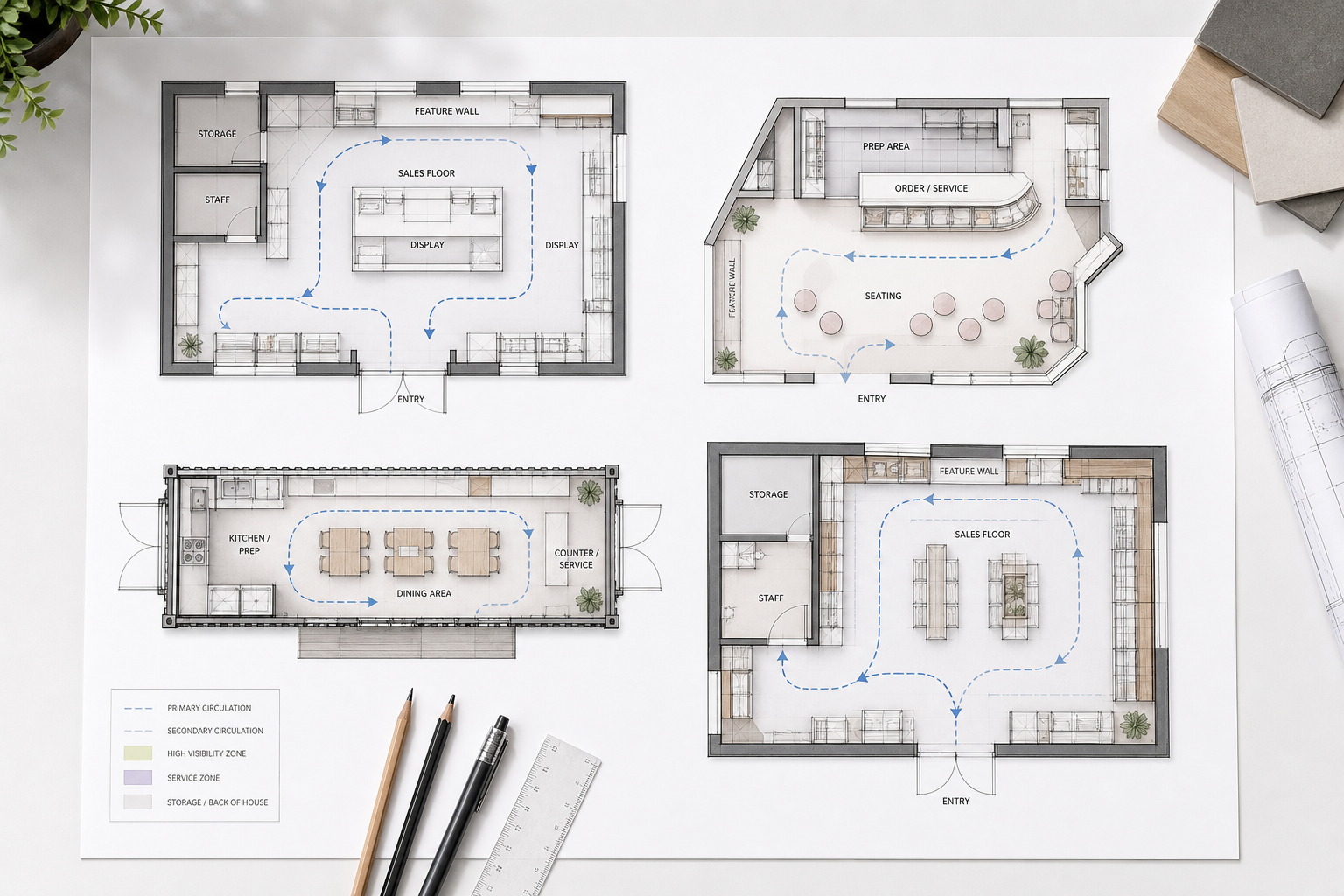 Clean layout board showing multiple retail 2D floorplan sketches with circulation arrows and zoning labels