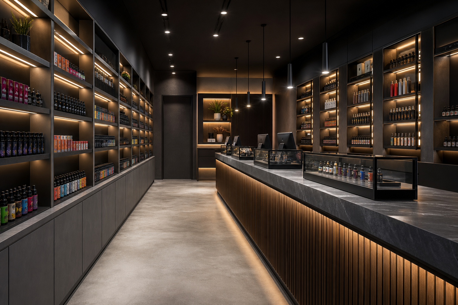 Perspective 3D layout of a sleek vape shop with dark-toned finishes, illuminated product niches, and a linear counter
