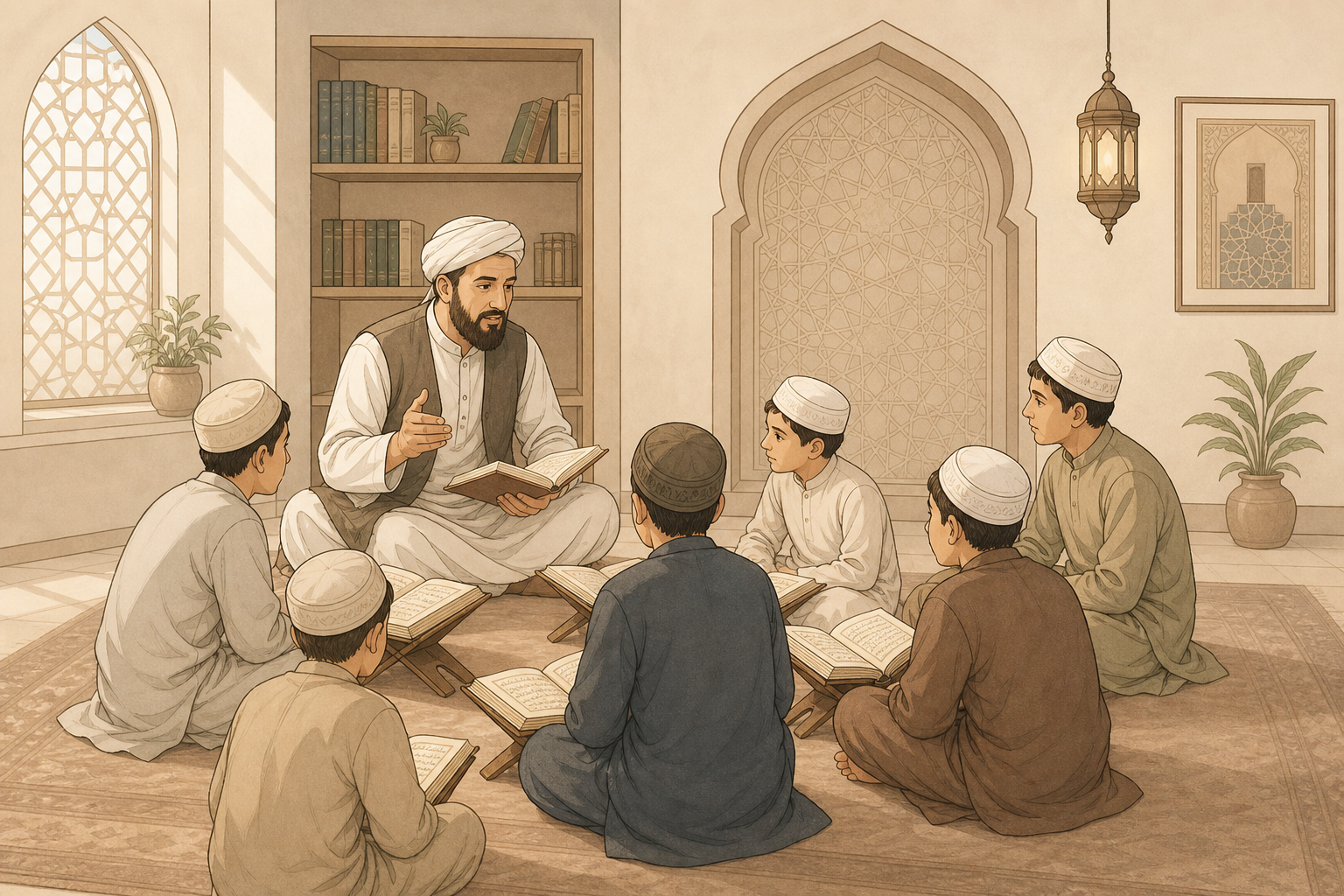 Illustration of Afghan students in modest attire studying Islamic books with a teacher in a calm classroom with geometric line-art details