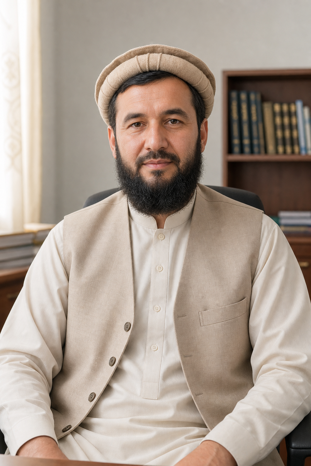 پرتره محترمانه از مولوی عبدالرحمن حنیفی با لباس سنتی روشن و پس‌زمینه ساده داخلی