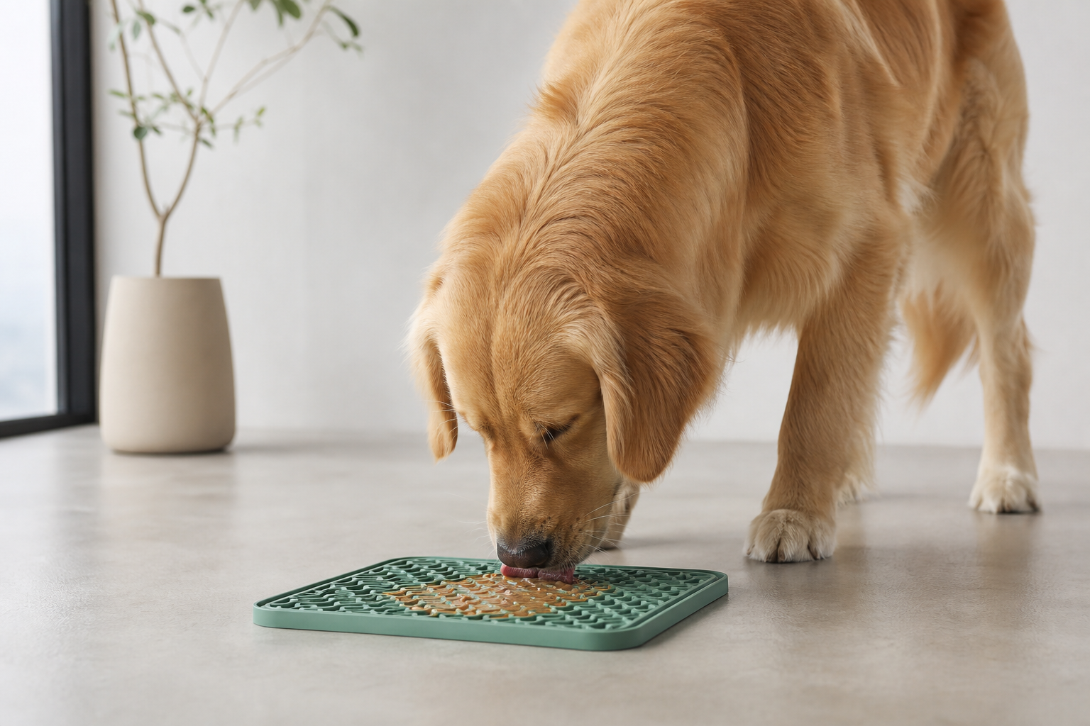 Dog using lick mat