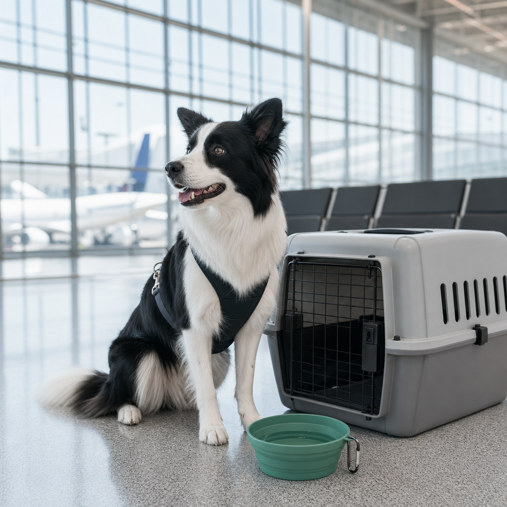 Airport travel scene with dog and silicone travel bowl
