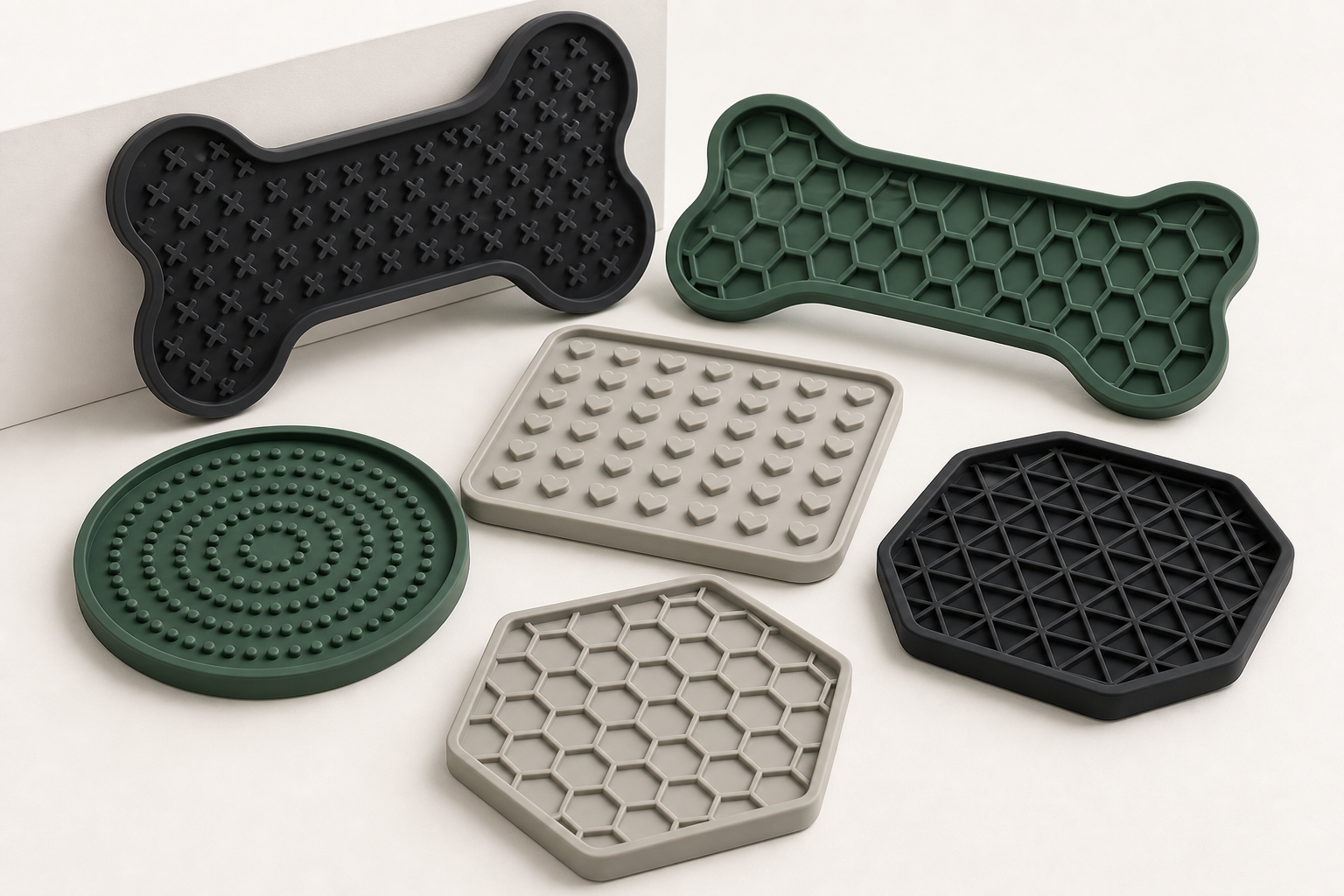 Assorted bone and playful geometric silicone lick mats in premium matte finishes arranged in a minimalist studio setting.