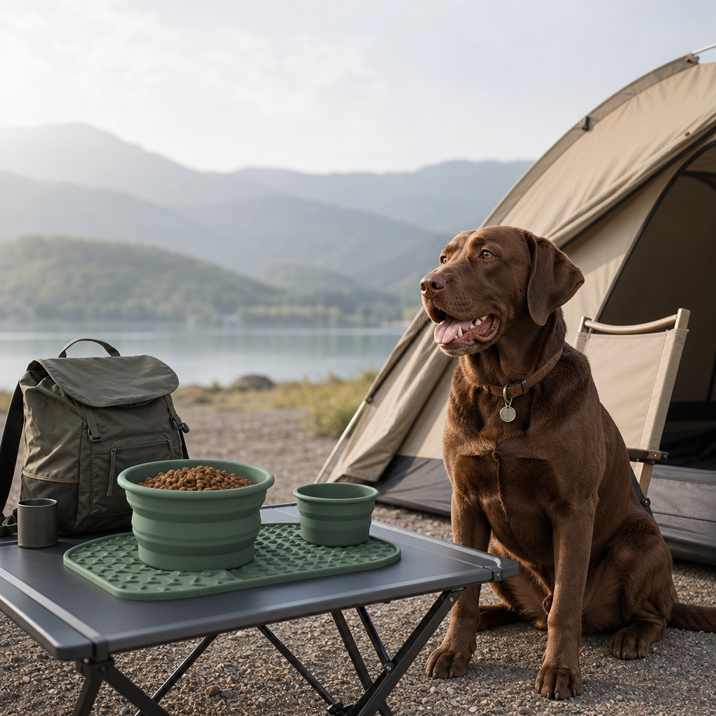 Dog at campsite with silicone travel feeding setup