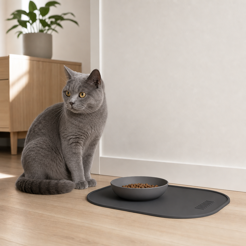 Cat feeding corner with silicone feeding mat