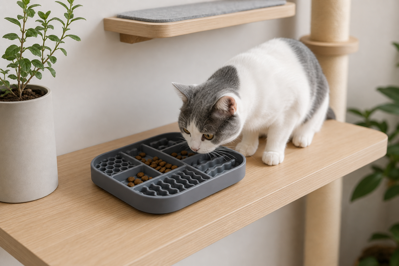 Indoor cat enrichment scene with a slate-gray silicone puzzle feeder on a minimalist shelf
