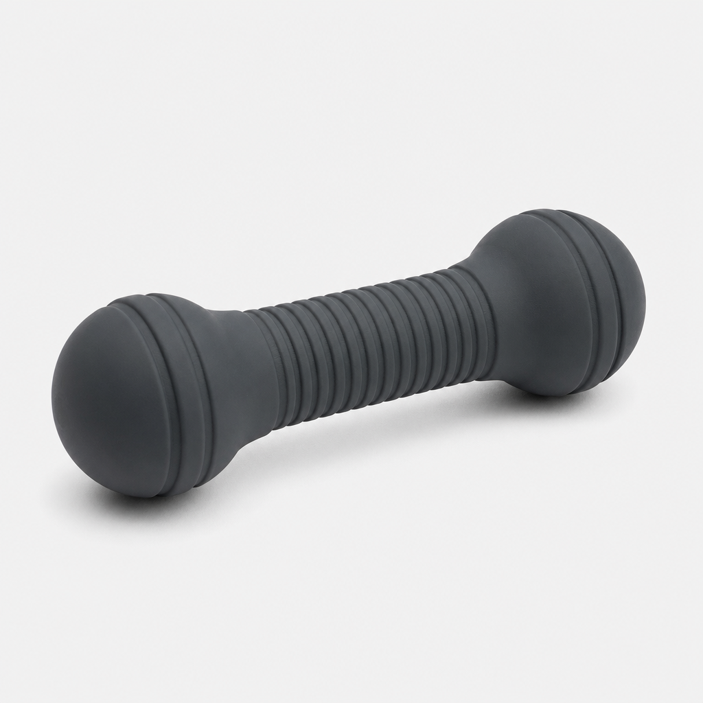 Compact silicone chew enrichment toy in dark graphite with ribbed grip