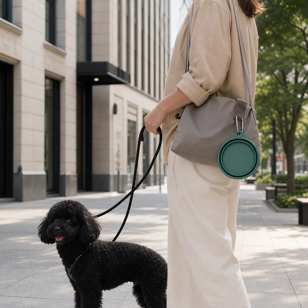 City walk with dog and portable silicone travel accessories