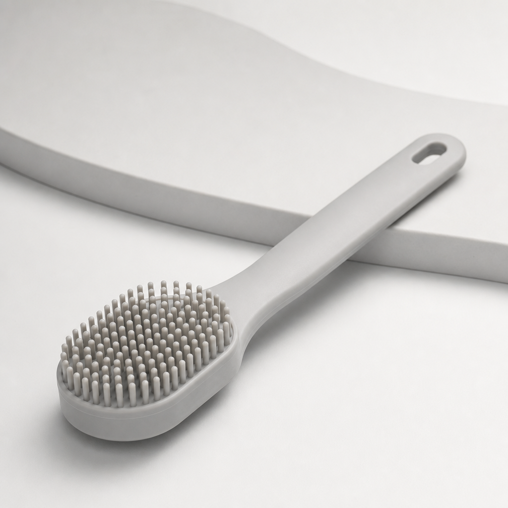 Minimalist light gray silicone cleaning brush with slim handle