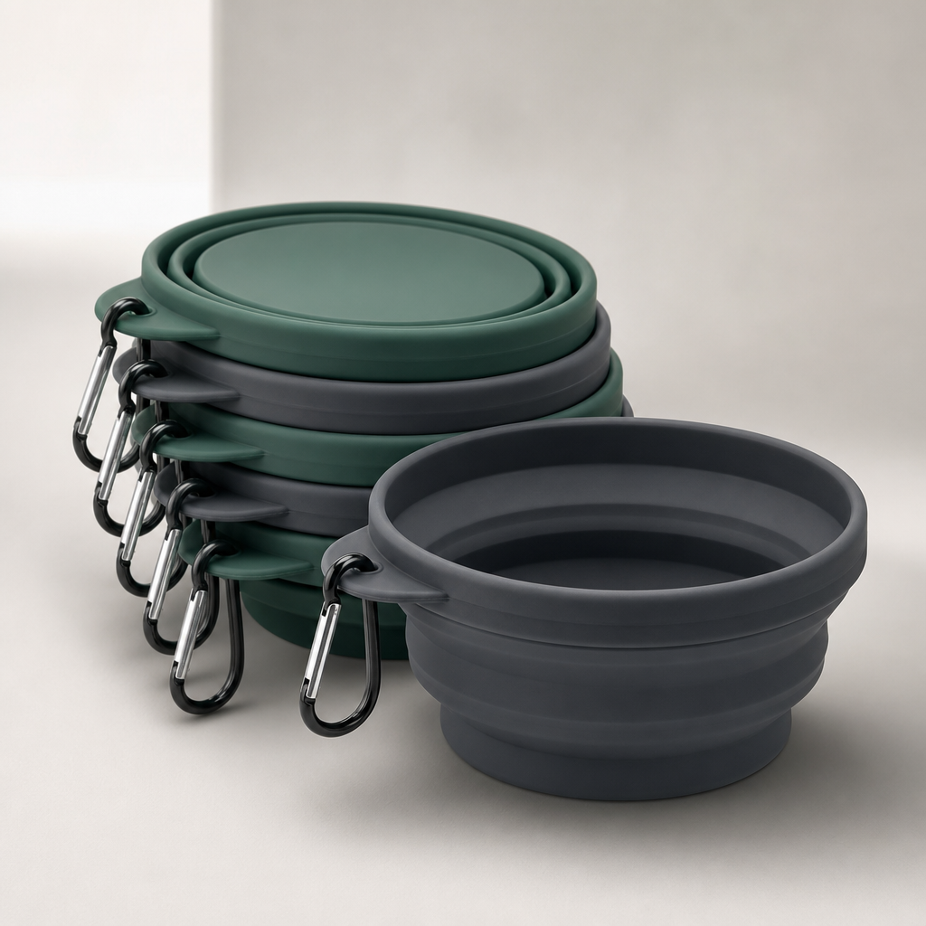 Stacked collapsible silicone pet bowls in matte charcoal and deep green with carabiner hooks
