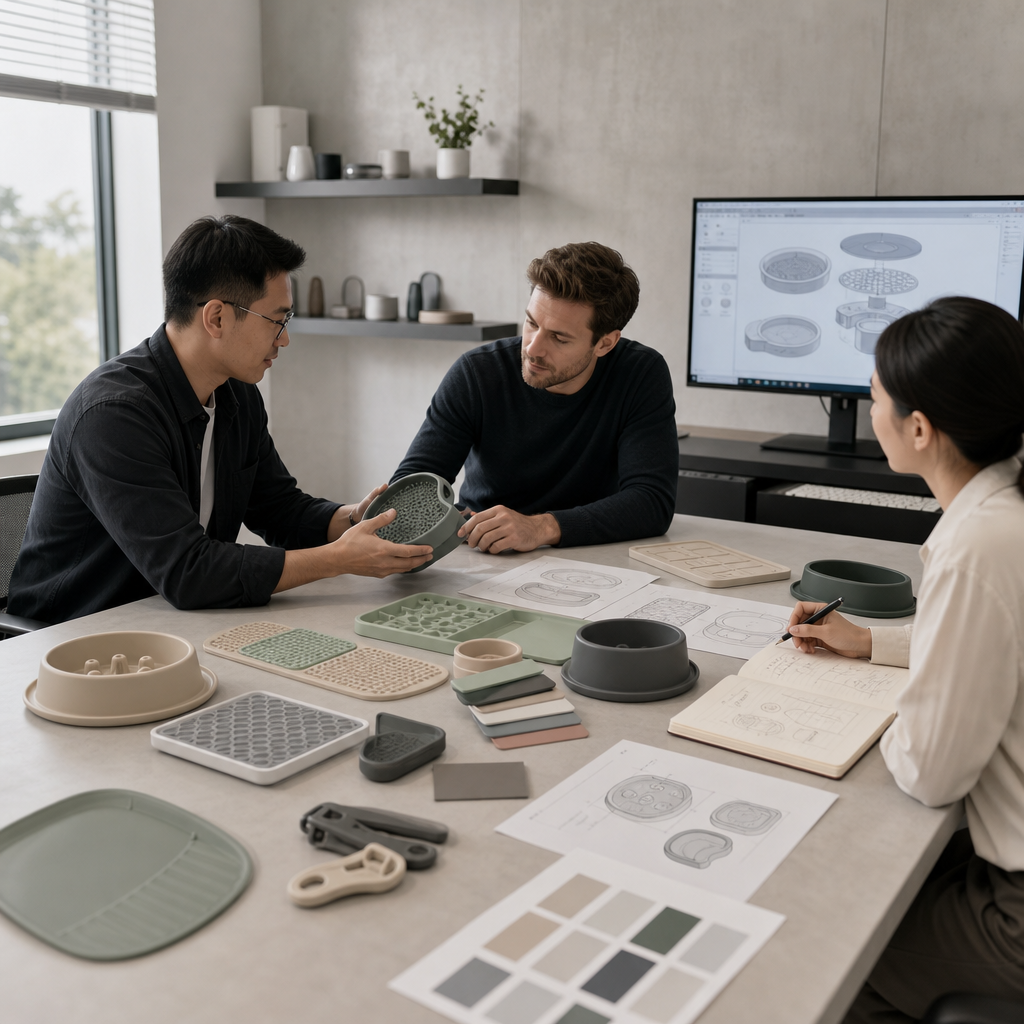 Professional business consultation scene showing silicone pet product samples, design drawings, and manufacturing environment