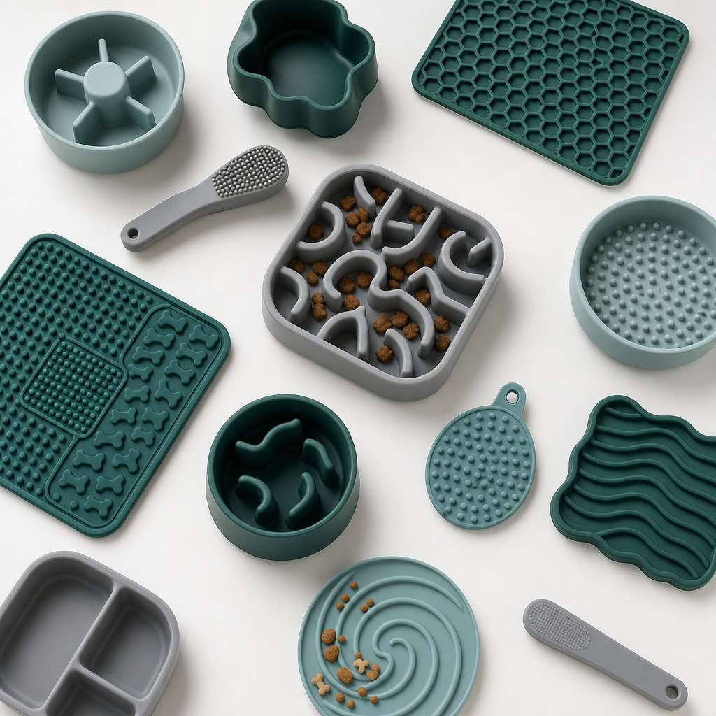 Collection of silicone enrichment accessories in muted tones arranged in a clean flat lay