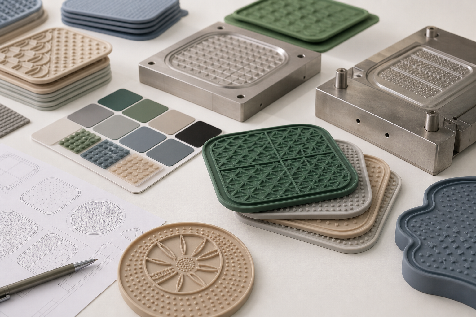 Custom OEM silicone lick mat prototypes with tooling samples, texture swatches, and color chips on a clean workbench.