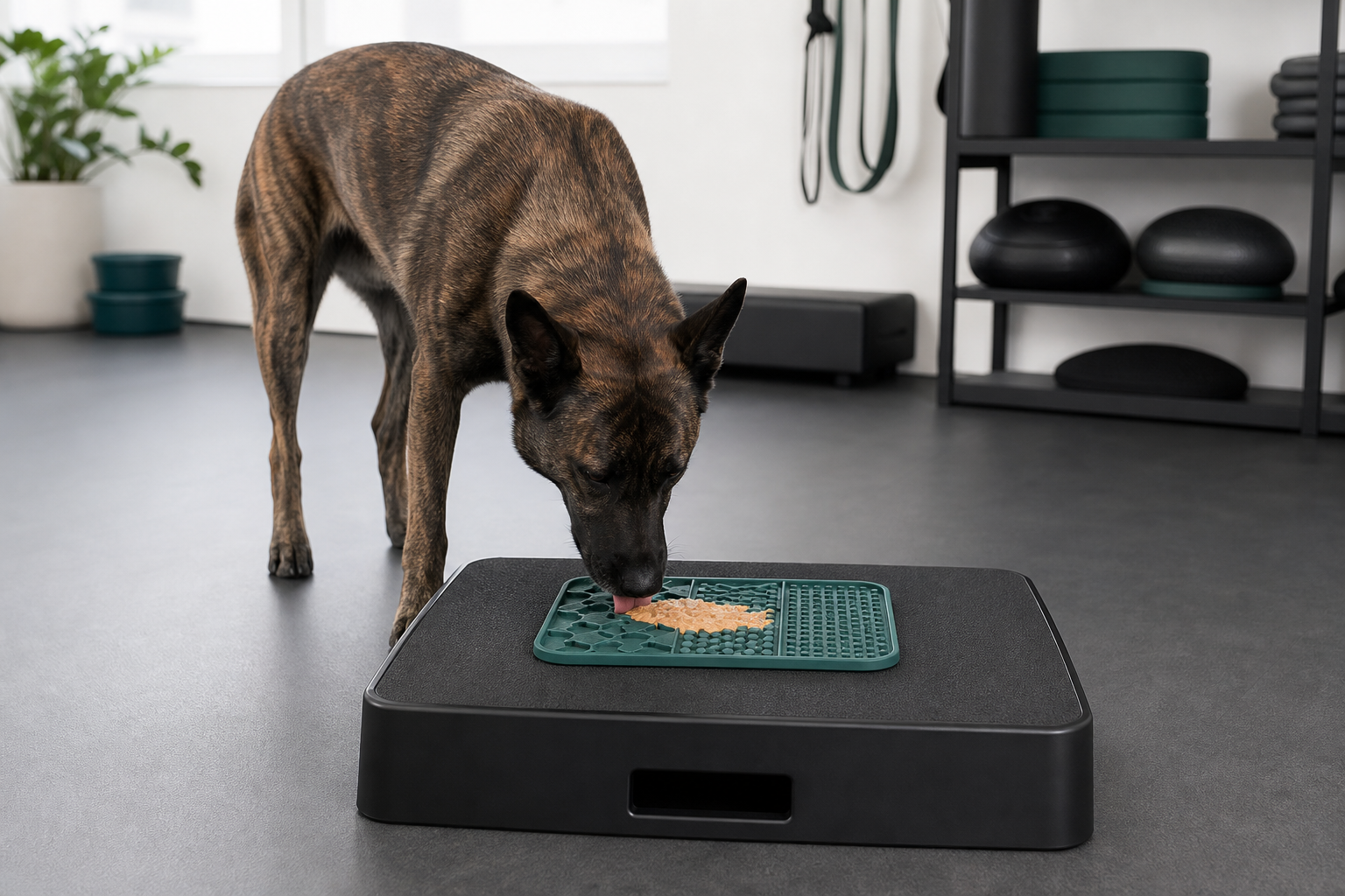 Professional dog enrichment training session with silicone lick mat on a matte-black training platform