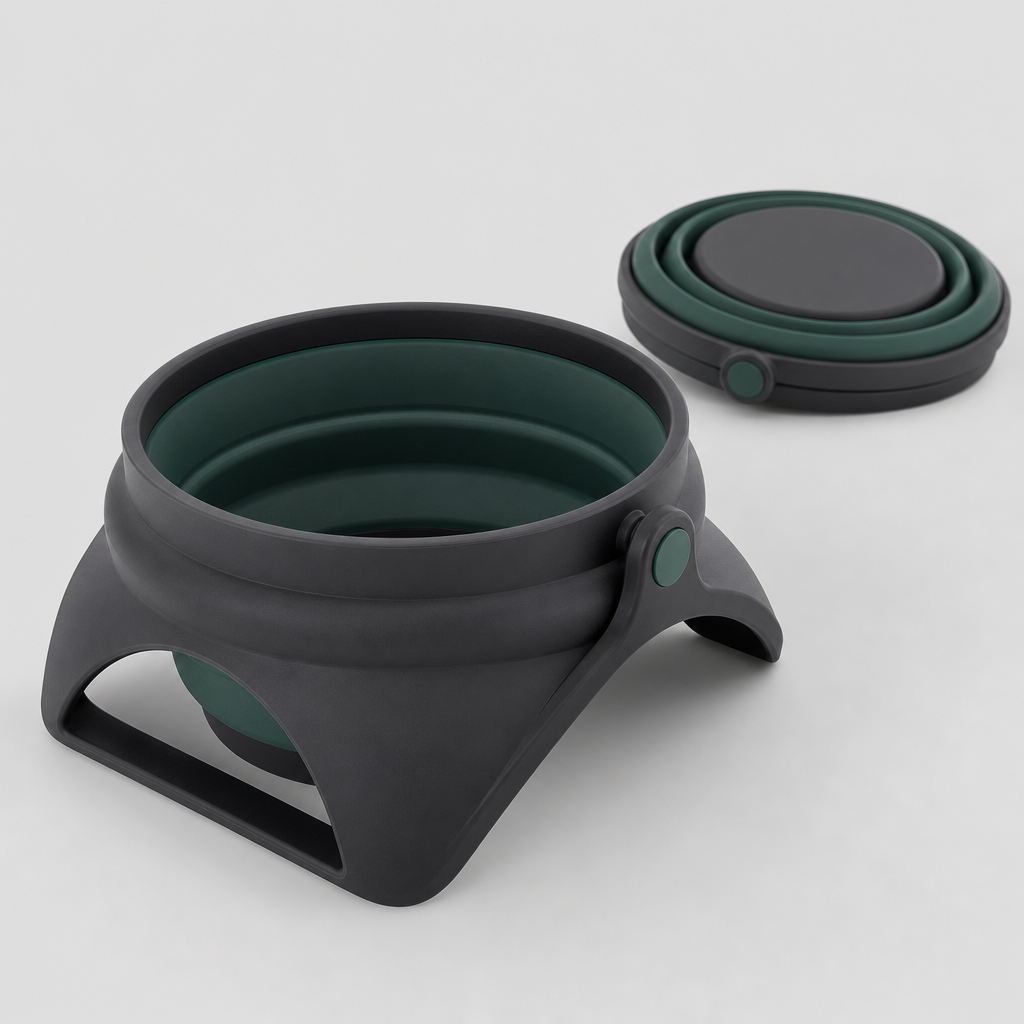 Two-tone collapsible silicone feeder with integrated stand in graphite and deep green